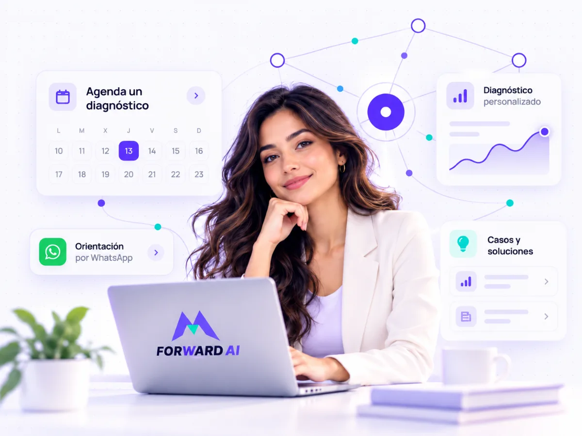 Consultora de Forward AI con laptop, rodeada de tarjetas: agenda un diagnóstico, orientación por WhatsApp, diagnóstico personalizado y casos