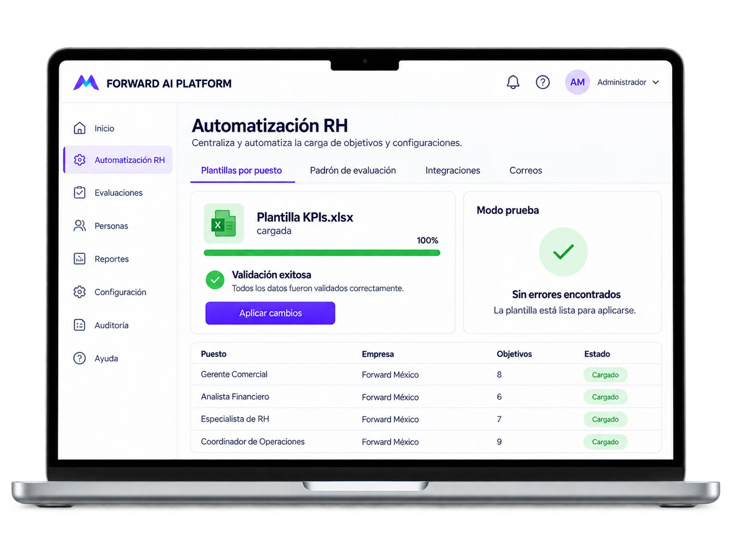 Automatización RH en Forward AI Platform: carga de una plantilla de objetivos en Excel, validación sin errores en modo prueba y objetivos cargados por puesto