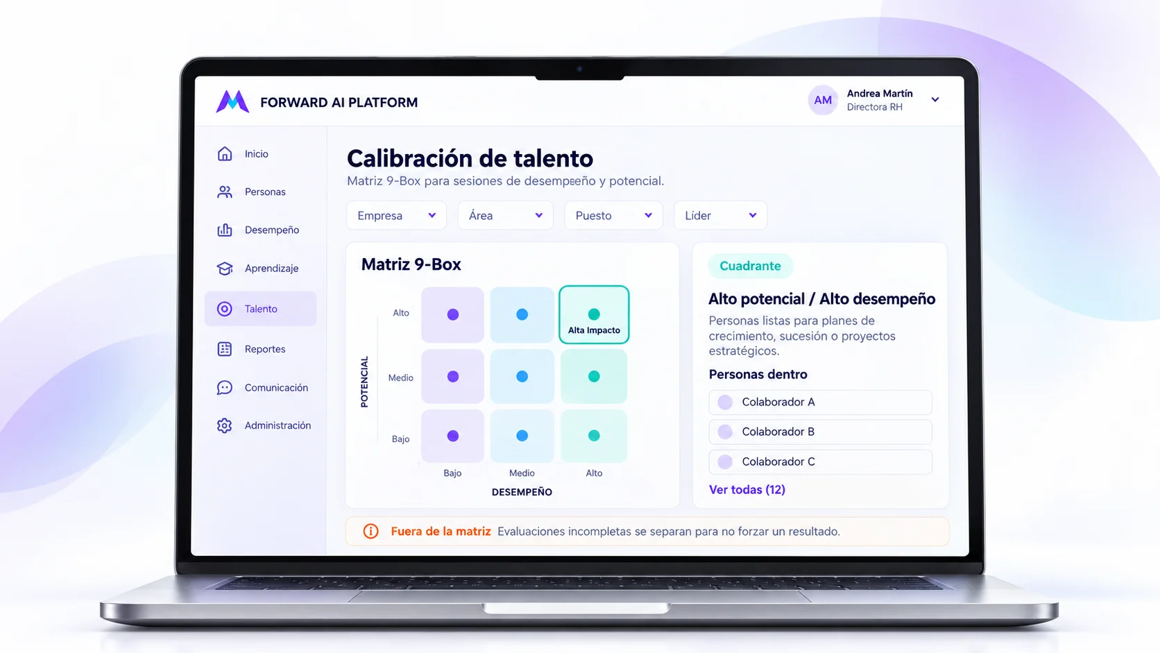 Calibración de talento en Forward AI Platform: matriz 9-Box con filtros por empresa, área, puesto y líder, y el detalle del cuadrante de alto potencial y alto desempeño