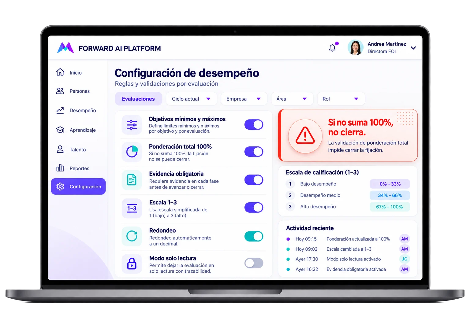 Configuración de desempeño en Forward AI Platform: objetivos mínimos y máximos, ponderación total 100%, evidencia obligatoria, escala 1 a 3, redondeo y modo solo lectura, con aviso cuando la ponderación no suma 100%